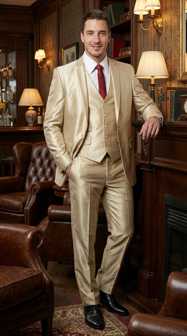 Men’s Champagne Wedding Suit with Jacket, Vest and Pants, Summer Formal Dress Suit