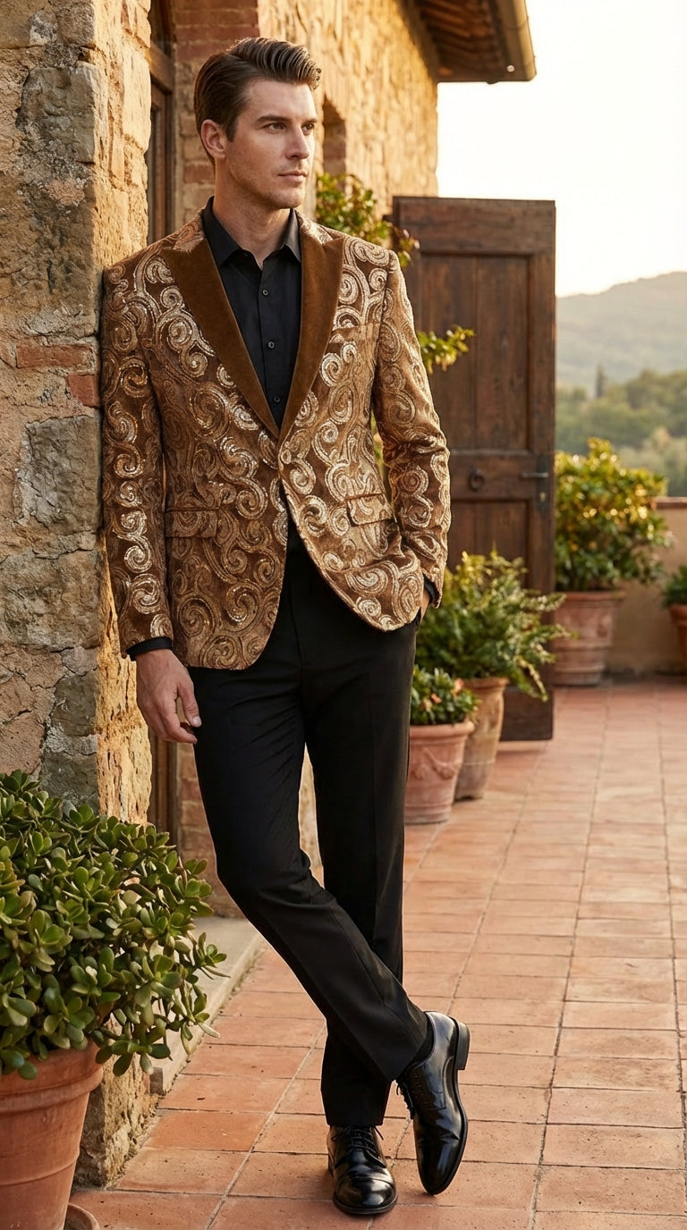 Men's Light Brown & Gold Baroque Embroidered Blazer Jacket | Tuxedo Dinner Jacket - 34 Short or Extra Small