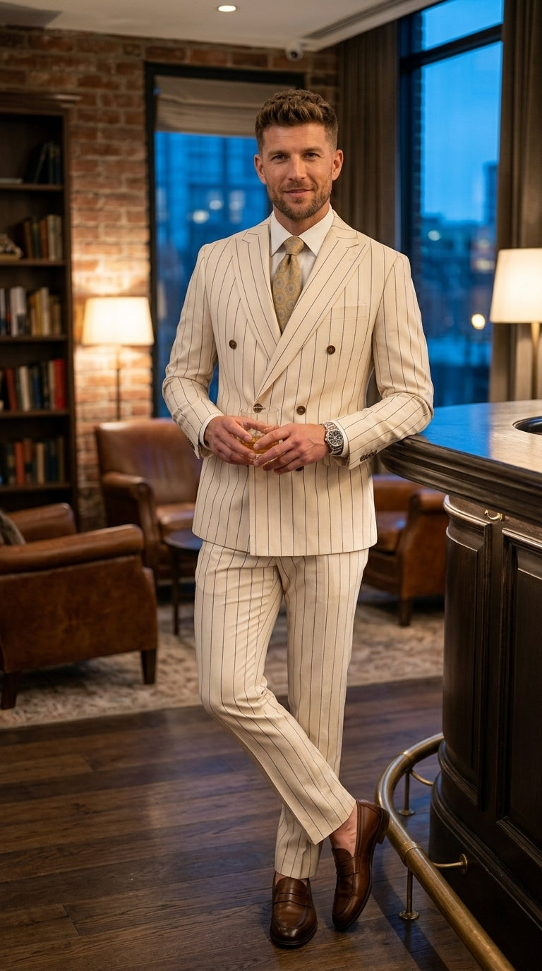 Men’s Cream Off White Pinstripe Linen Pinstripe 2 Piece Double Breasted Suit, Summer Wedding Ivory Color By Vitali