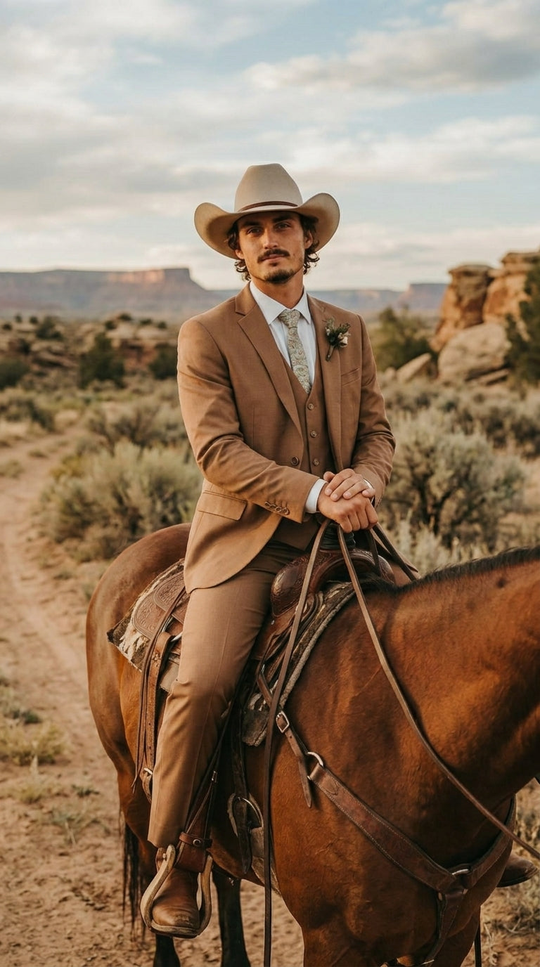 Mens Camel Brown Copper Western 3 Piece Suit – Classic Country Style Blazer Vest Pants Set, Formal Cowboy Suit Outfit - 34 Short or Extra Small