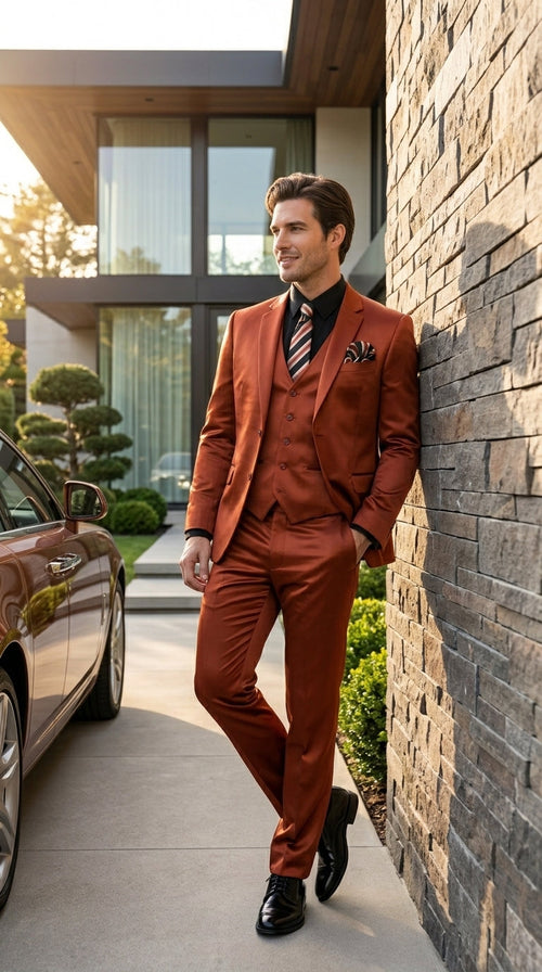 Men’s Rust Copper Coganc Shiny Sateen 3 Piece Suit, Vested Formal Wedding Prom Suit Set Ultra Slim Fit