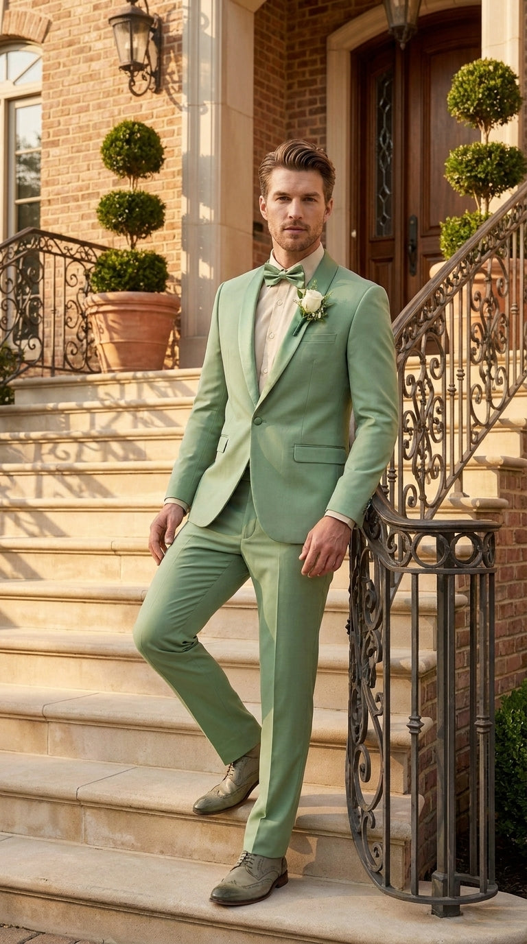 Mens Sage Green Wedding Tuxedo, Shawl Lapel Formal Groom Prom Tuxedo Suit - 34 Short or Extra Small
