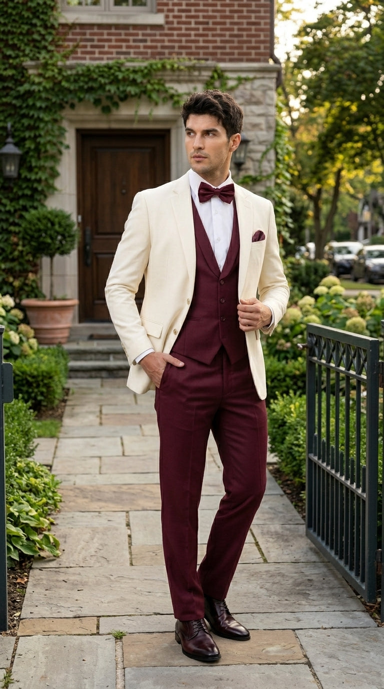 Men’s Cream Ivory and Burgundy 3 Piece Tuxedo Suit, Vested Formal Wedding Prom Dinner Suit in Cream Off White Color