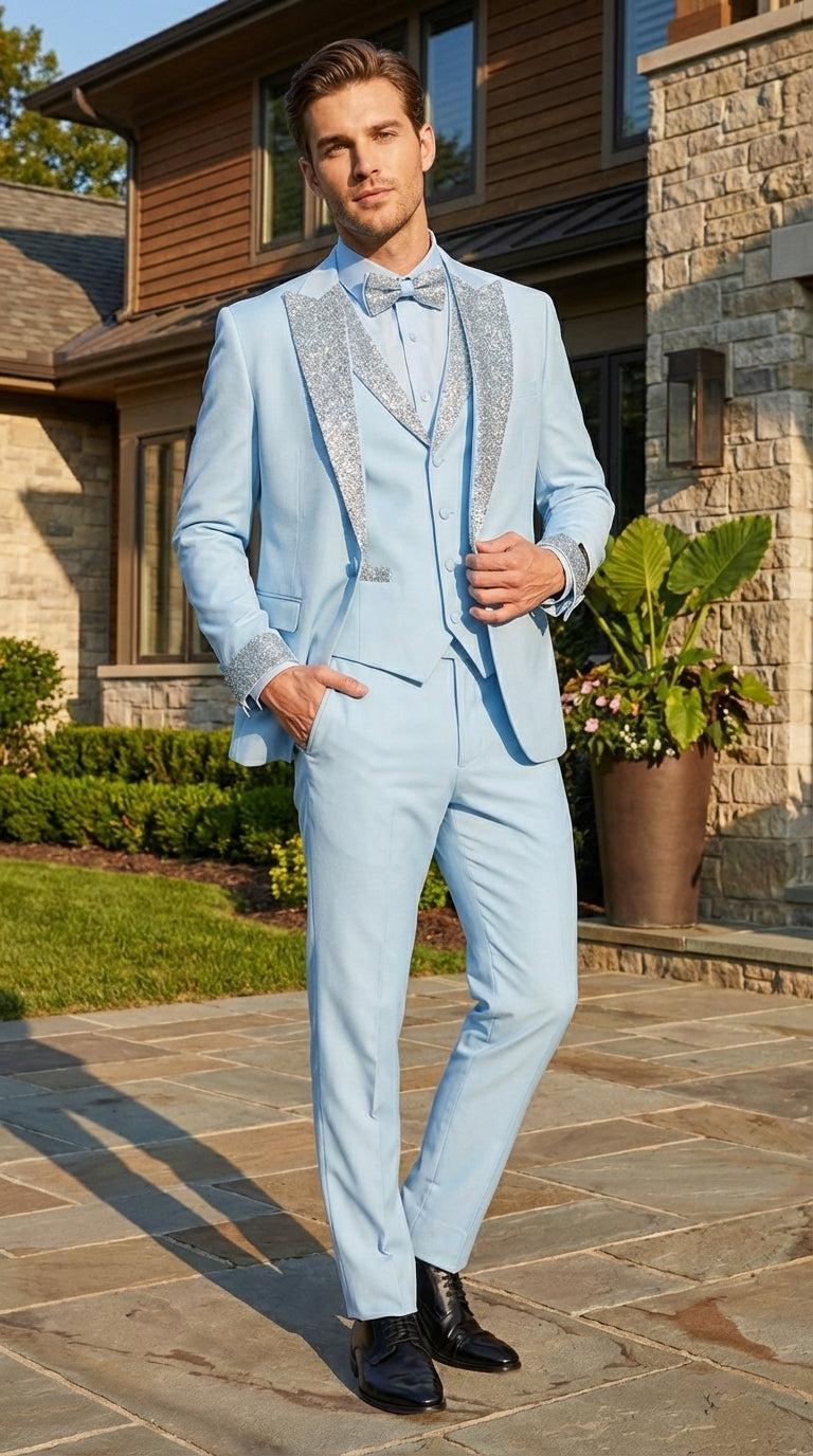 Men’s Light Blue Suit with Silver Glitter Lapel – Light Blue Formal Tuxedo Suit for Prom, Wedding and Special Occasion Wear in Sky Baby Blue - 34 Short or Extra Small