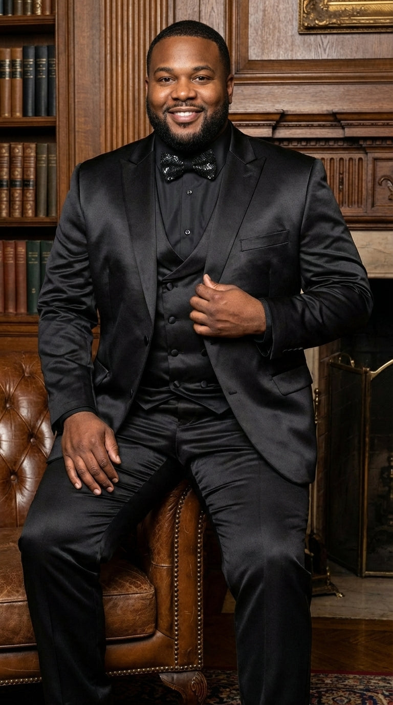 Men’s All Shiny Black Satin Suit – Black Satin Tuxedo Suit for Prom, Wedding, Formal Party and Evening Events Double breasted Vest - 34 Short or Extra Small