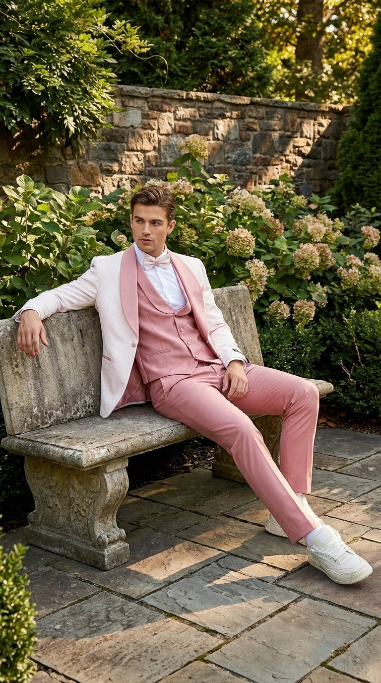 Men’s Cream and Rose Pink Prom Suit – Cream Tuxedo Jacket with Rose Pink Pants and Shawl Lapel Formal Suit for Prom and Wedding - 34 Short or Extra Small