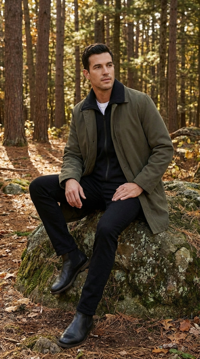 Mens Olive Brown Trench Coat Raincoat – Classic Water Resistant Long Coat with Zip and Button Closure for Business, Travel and Everyday Outerwear - Coat Size 38