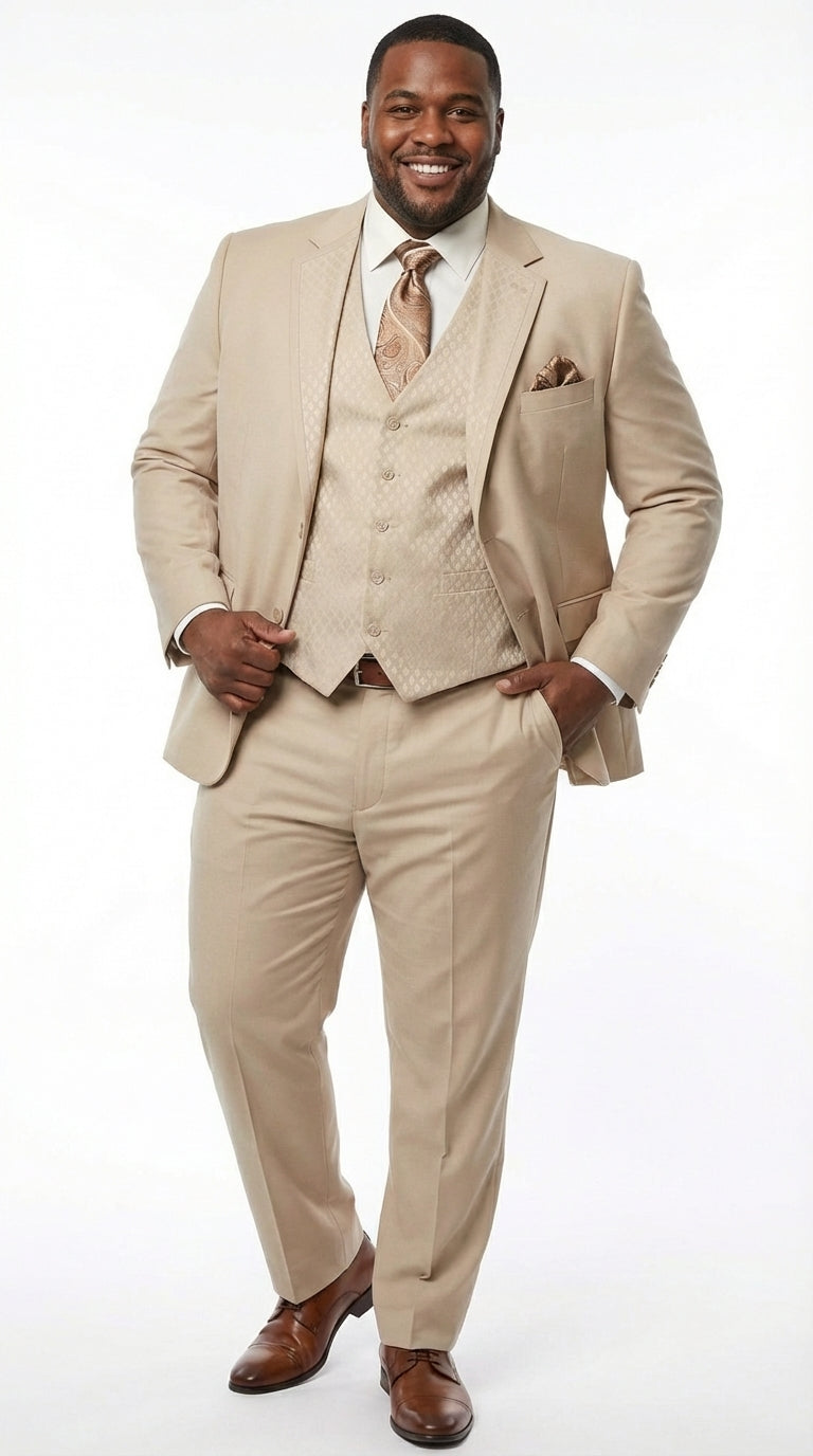 Men’s Tan Beige 3 Piece Tuxedo Suit – Beige Formal Suit Set with Vest, Patterned Lapel and Tie for Wedding, Prom in Tan Khaki Color - 34 Short or Extra Small