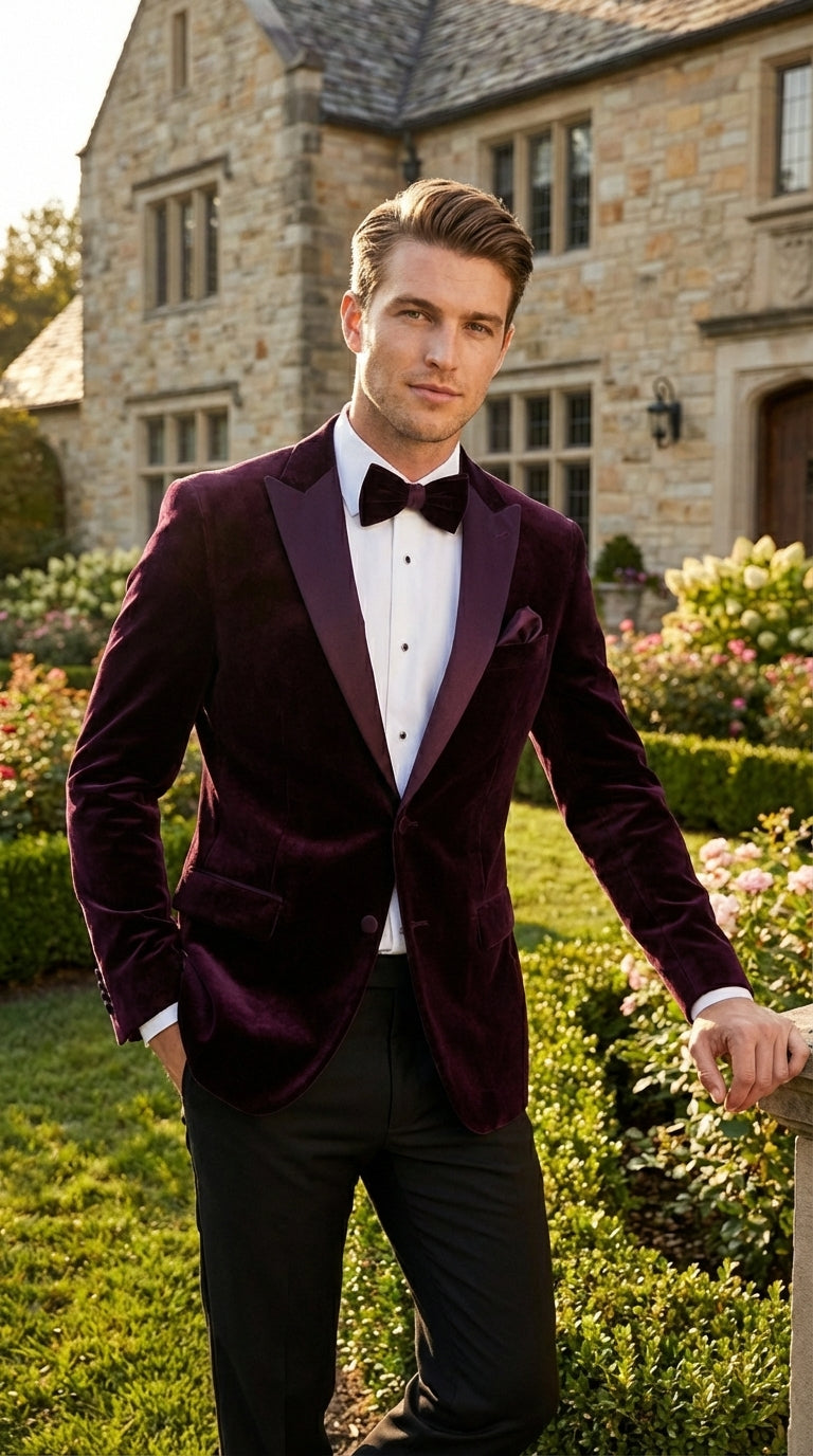 Mens Plum Eggplant Velvet Blazer Jacket – Luxury Velvet Dinner Jacket for Wedding, Tuxedo Events, Formal Parties in Burgundy Color - 36 Short