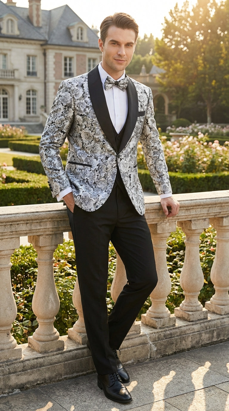 Mens Black and Silver Floral Tuxedo – Luxury Patterned Wedding, Prom and Formal Dinner Tuxedo - 34 Short or Extra Small