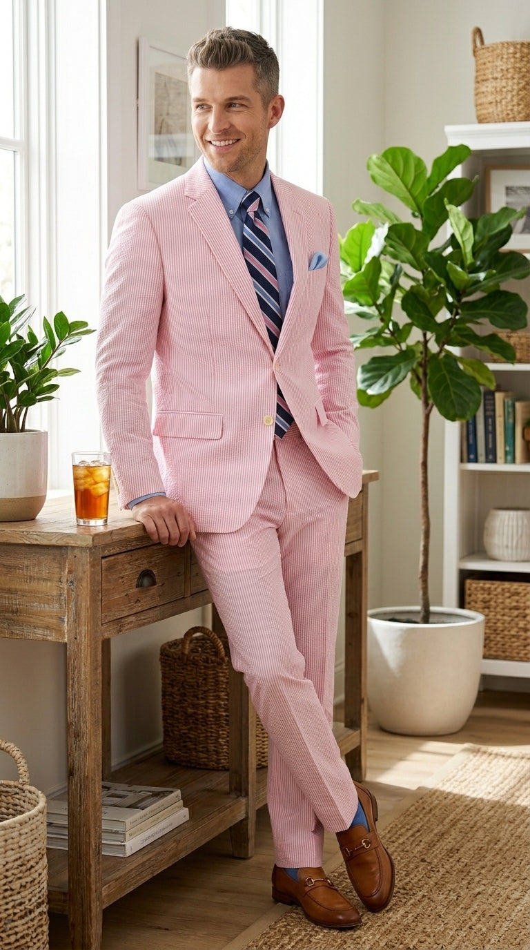 Men’s Pink Seersucker 2 Piece Suit, Lightweight Summer Dress Suit for Weddings, Prom, Parties, and Special Occasions - 34 Short or Extra Small