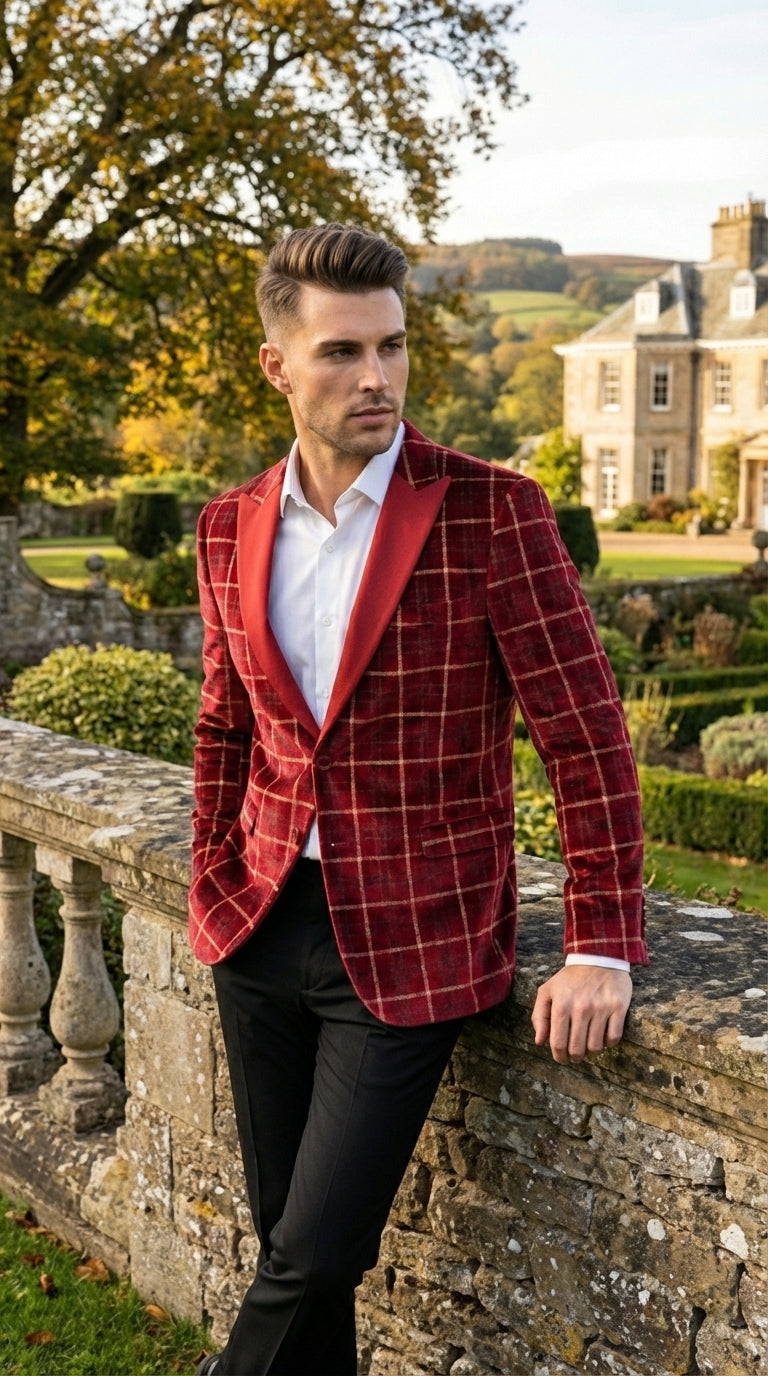 Mens Red Burgundy Plaid Blazer with Contrast Lapel – Velvet Fabric Check Prom Blazer Jacket for Party, Christmas New Year Holiday Jacket - 36 Short