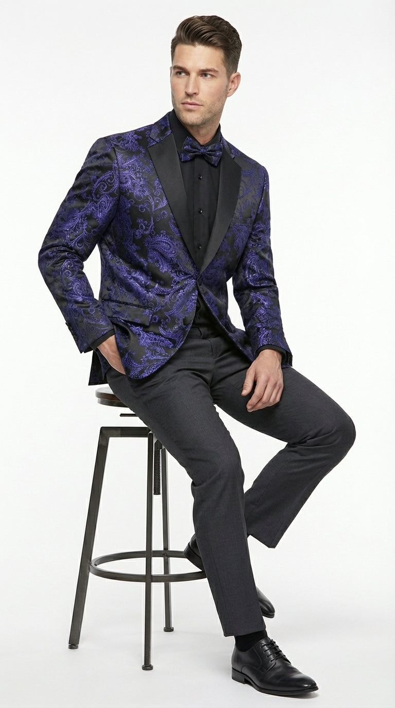 Mens Royal Blue Paisley Jacquard Blazer – Luxury Pattern Tuxedo Dinner Jacket with Black Satin Lapel for Wedding, Prom With Bowtie - 36 Short