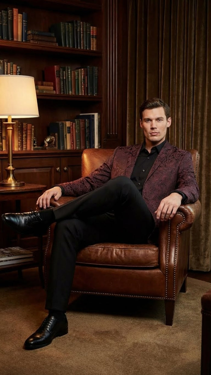 Mens Burgundy Paisley Blazer Sport Coat Velvet Dinner Jacket floral in Maroon Wine Color Ultra Slim Fit Smoking Jacket