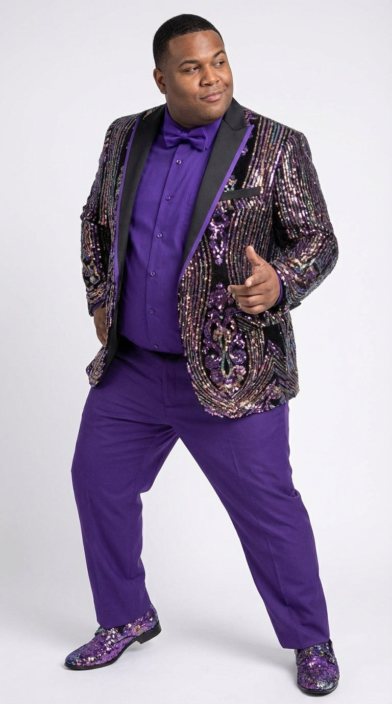Mens Mardi Gra Black and Purple and Gold Sequin Tuxedo Jacket Set – Designer with Floral Pattern Jacket Formal Wedding Party Wear Bowtie - 36 Short