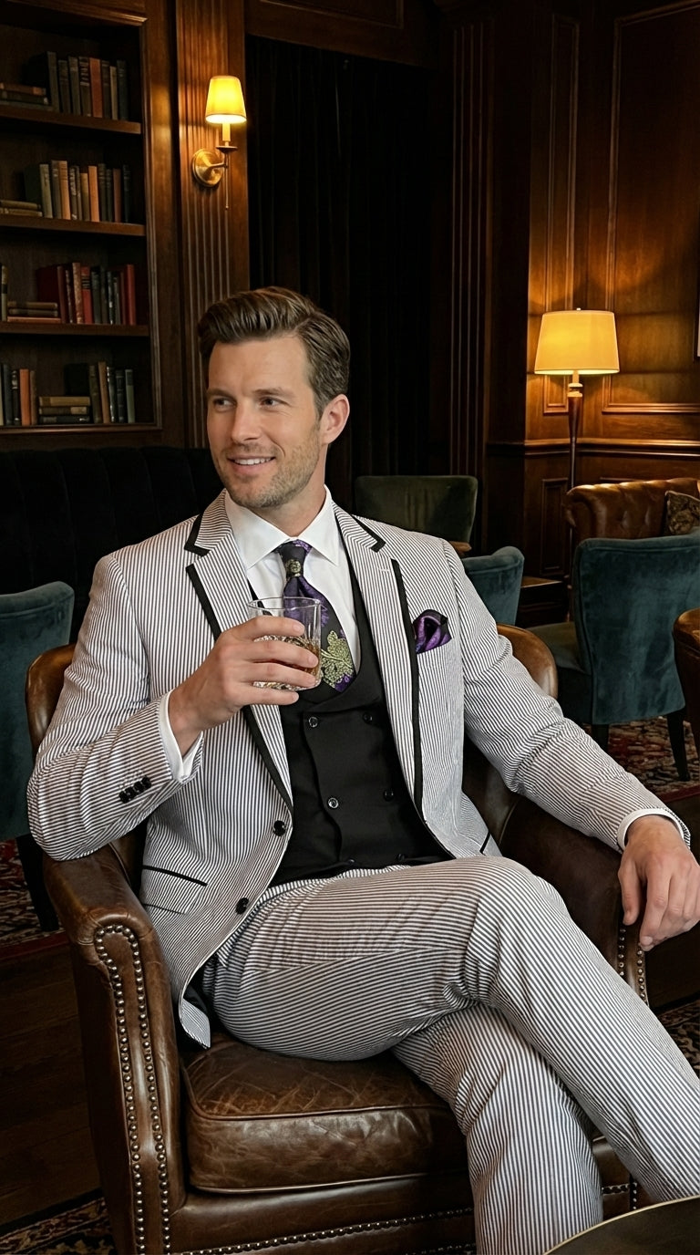 Mens Black and White Pinstripe Wedding Tuxedo Suit – Three Piece Formal Suit Set with Contrast Trim for Groom, Prom - Seersucker Summer Suit - 34 Short or Extra Small