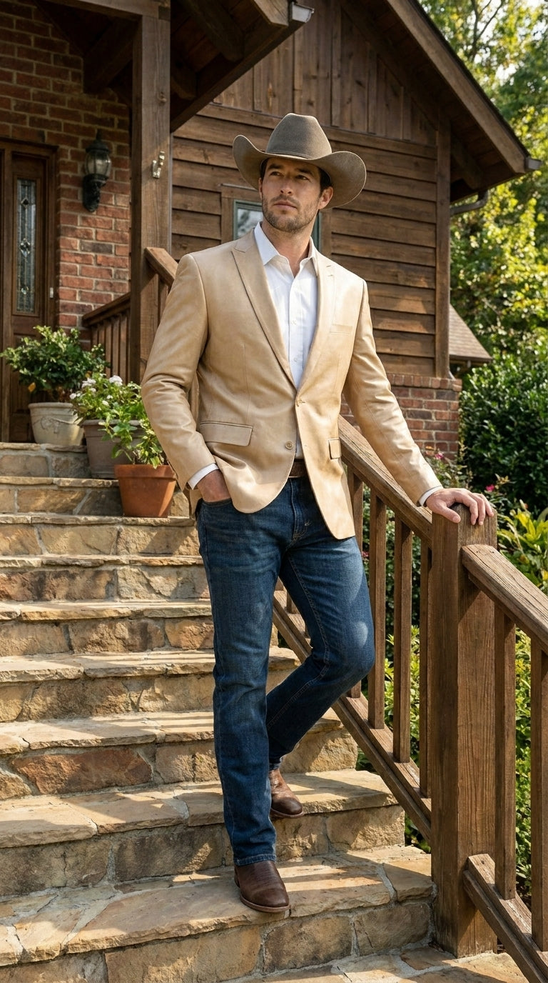 Men’s Champagne Gold Western Blazer, Formal Cowboy Wedding Ranch Sport Coat Jacket tan beige color sheen sharkskin fabric - 36 Short