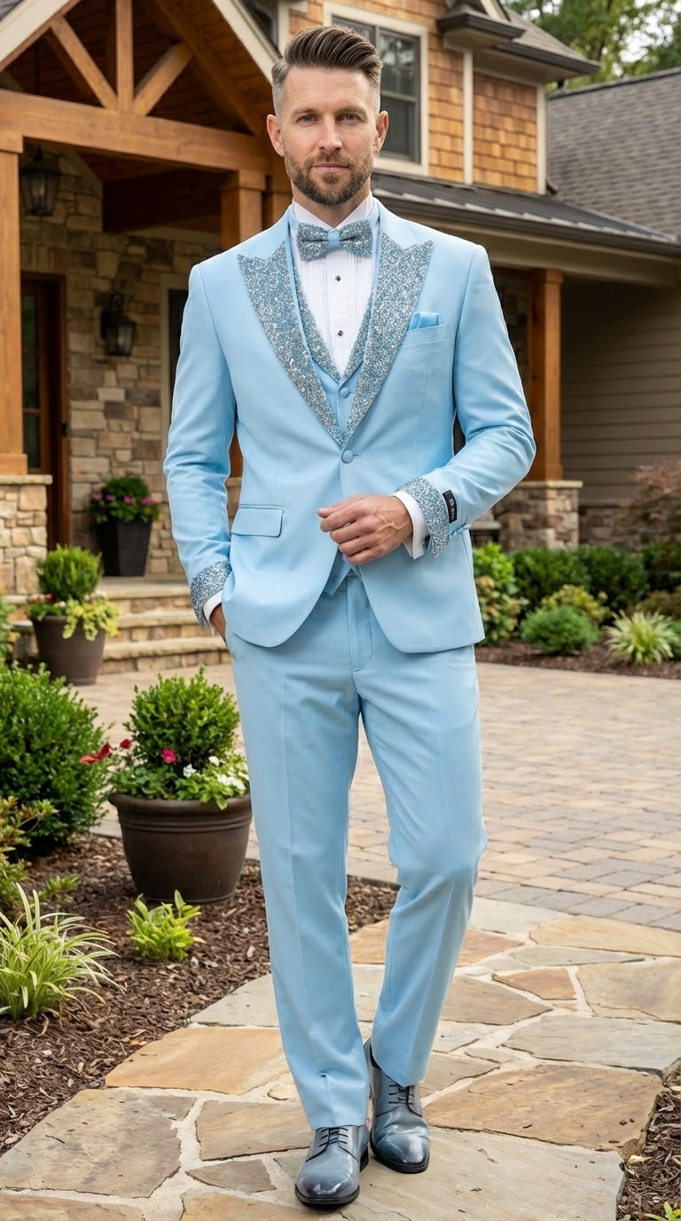 Mens Light Blue 3 Piece Prom Tuxedo – Sky Blue Formal Suit with Sequin Lapel Wedding Party Tuxedo Set in Baby Blue - 34 Short or Extra Small