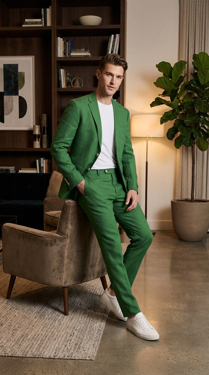 Men’s Emerald Green Suit Set – Lightweight Summer Blazer and Pants, Casual Formal Summer Suit, Breathable Wedding Party Outfit