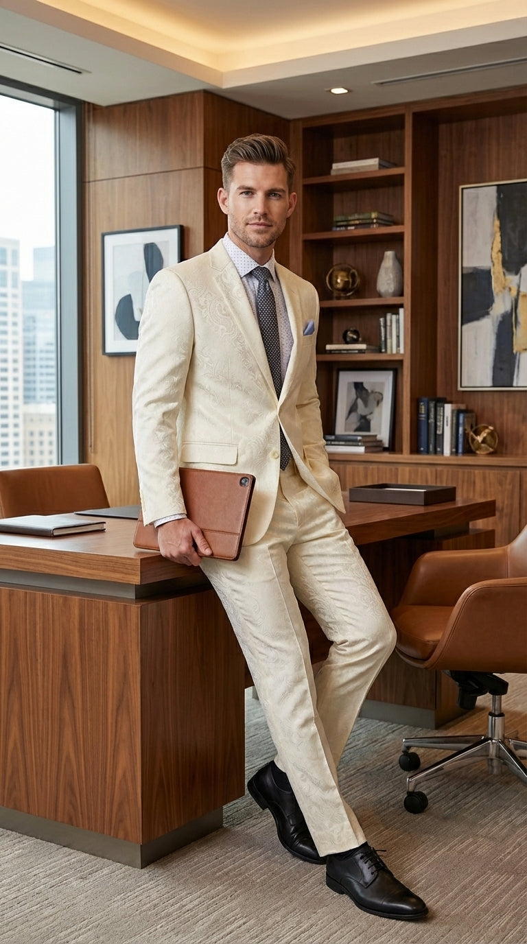 Men’s Ivory Paisley Shiny Suit – Flroal Formal Wedding and Prom Suit for Party, in Cream Off White - 34 Short or Extra Small