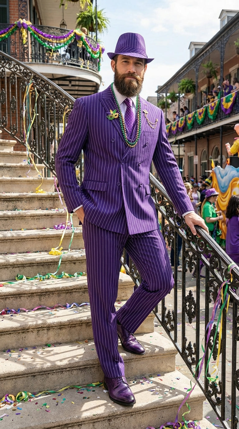 Mens Purple Pinstripe Mardi Gras Suit | Classic Double Breasted Formal Carnival Suit