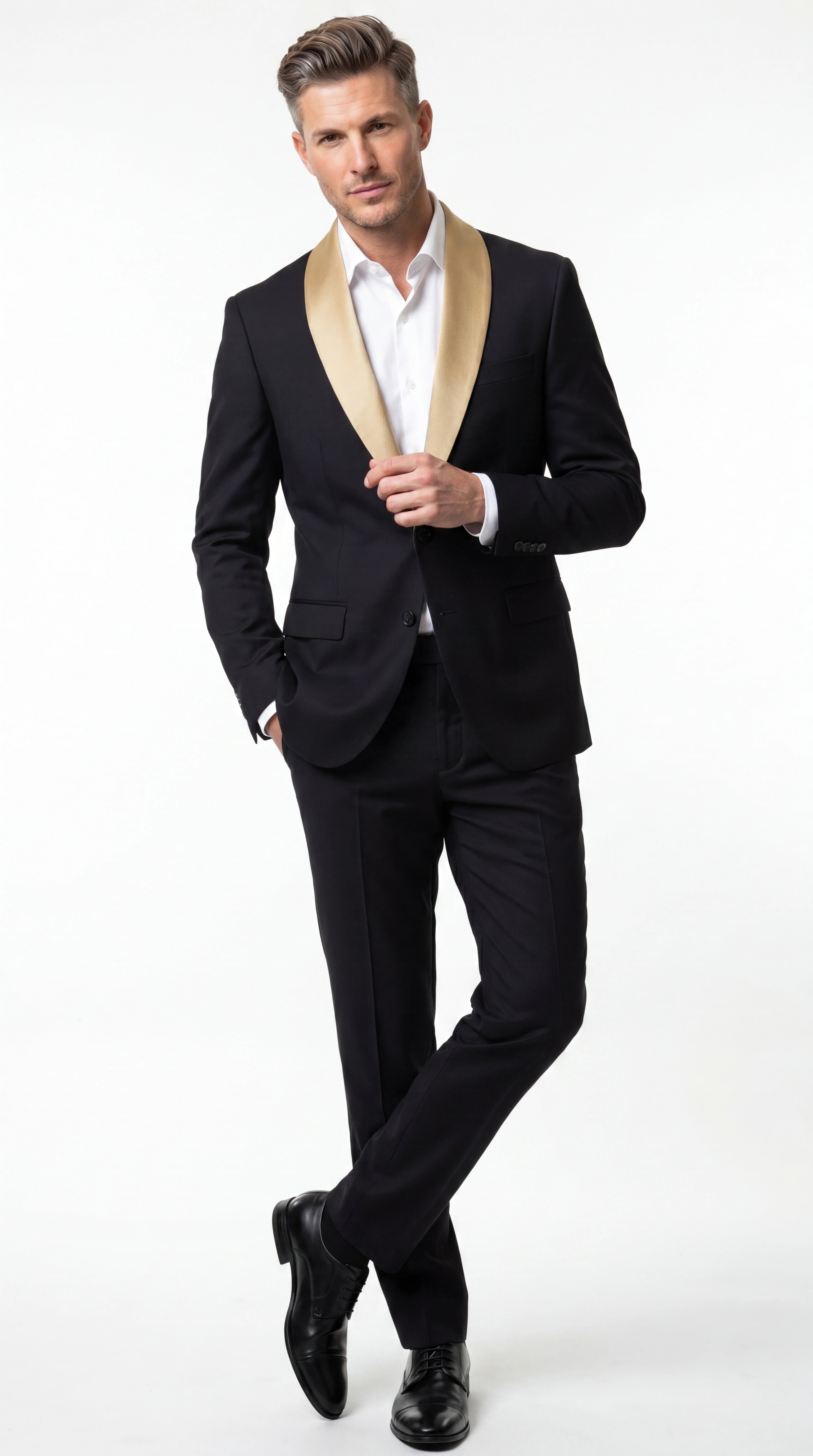 Men’s Black Suit with Gold Lapel – Luxury Formal Tuxedo Style Suit for Wedding, Prom, Party and Evening Wear - 34 Short or Extra Small