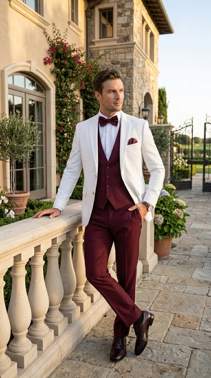 Men’s White and Burgundy 3 Piece Tuxedo Suit, Vested Formal Wedding Prom Dinner Suit Set bowtie included