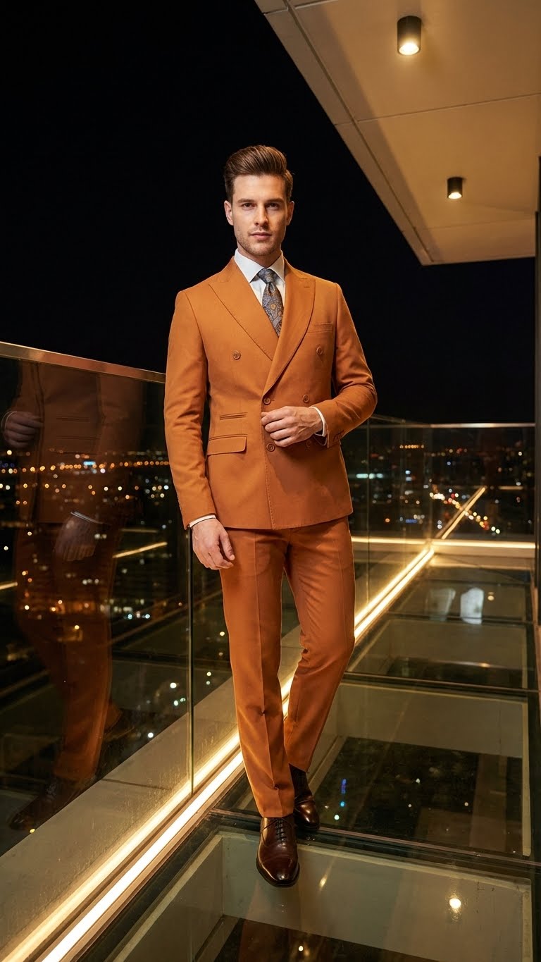 Men’s Vitali Brand Rustish Orange Brown Copper Color Double Breasted Slim Fit Suit - 34 Short or Extra Small