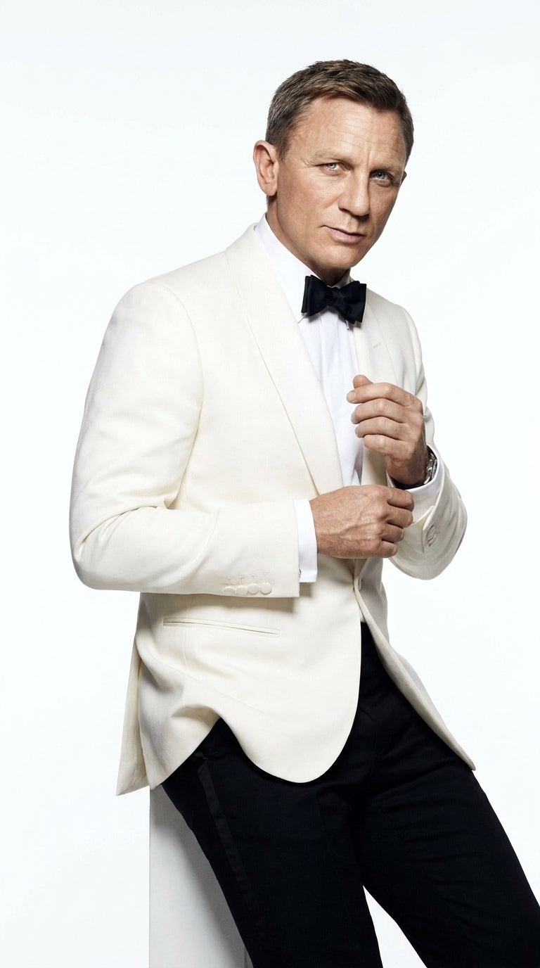 Men’s James Bond Style Ivory Dinner Jacket, White Tuxedo Blazer for Wedding, Prom and Black Tie Events - 34 Short or Extra Small
