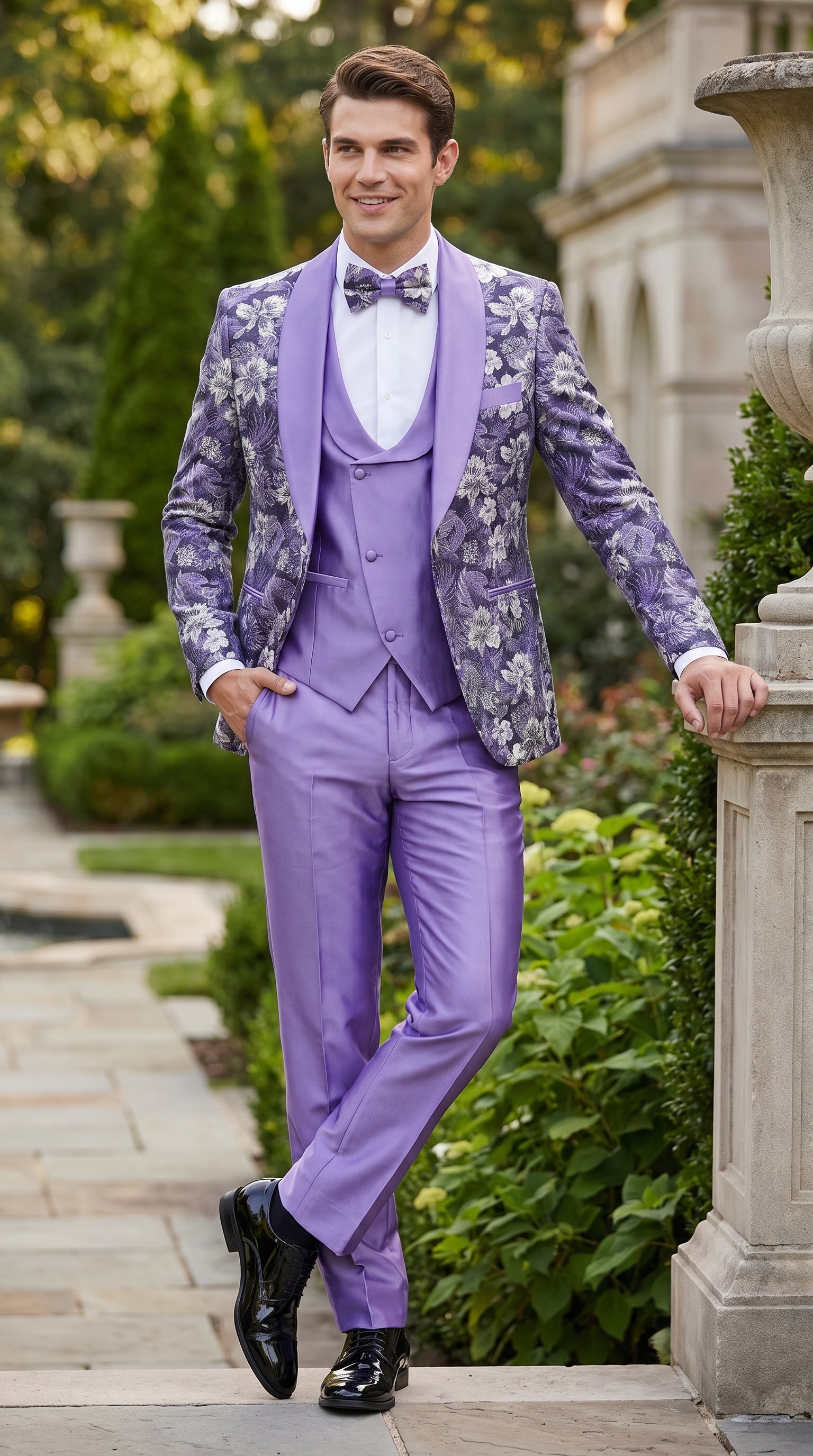 Men’s Lilac Lavender Prom Suit – Floral Shawl Lapel 3 Piece Tuxedo with Matching Vest and Pants - 34 Short or Extra Small