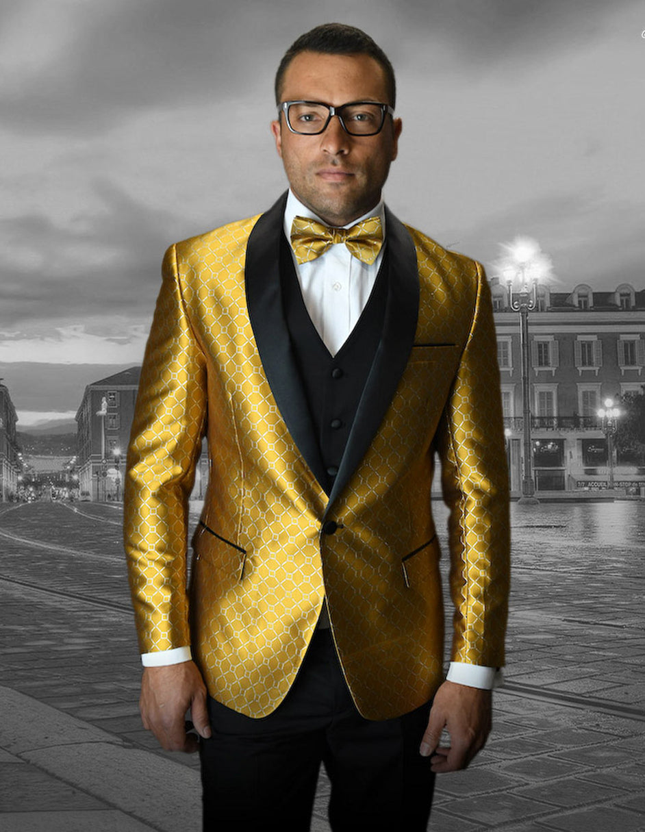 Mens Vested One Button Shawl Tuxedo in Geometric Chain Print in Gold - 36 Short