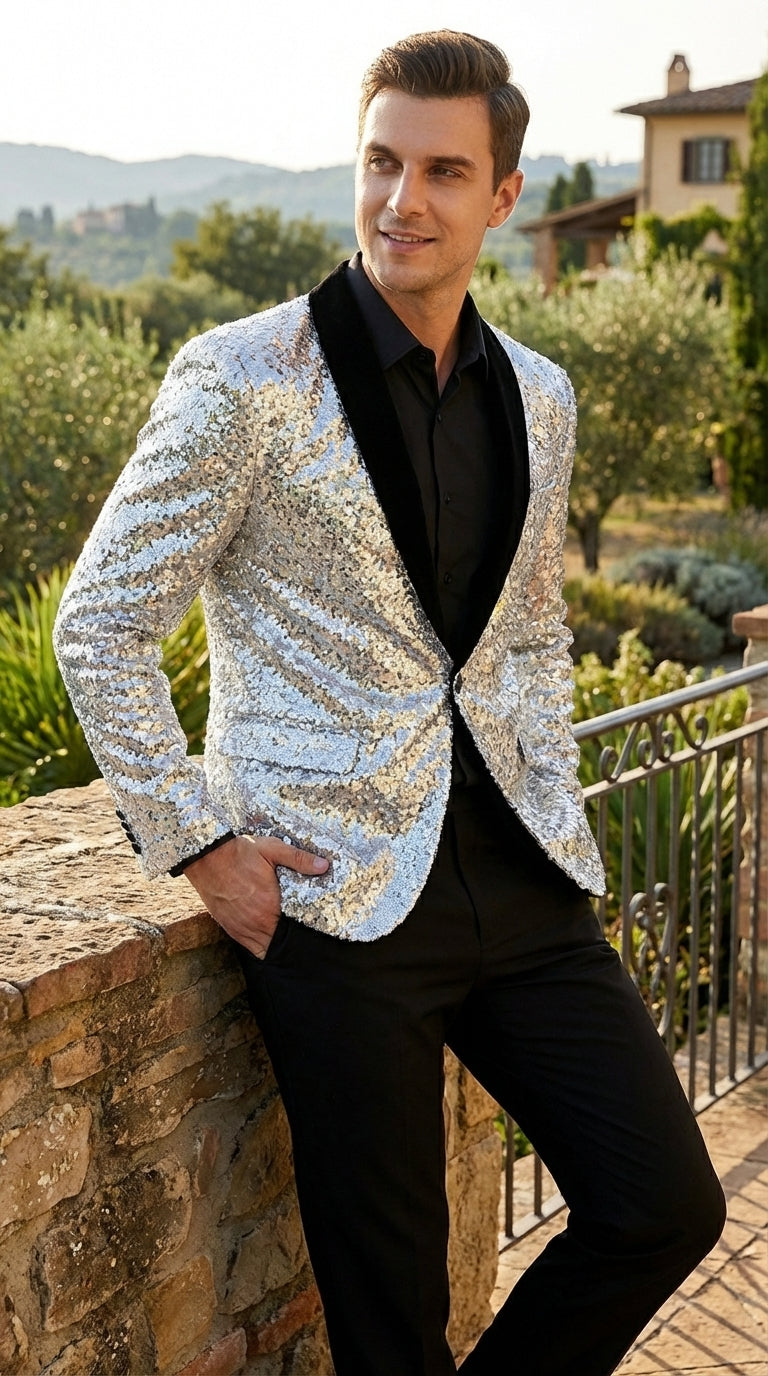 Men’s Silver Sequin Blazer Disco Style Jacket – Black Lapel Party Blazer, Shiny Evening Wear, 70s Dance Outfit, Formal Event Jacket - 34 Short