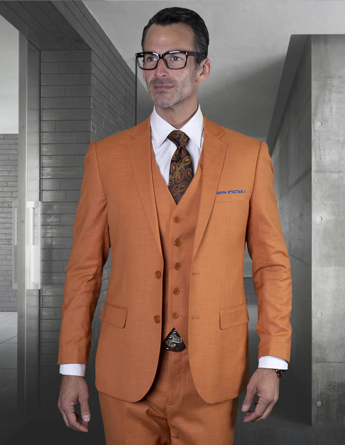 Suit For Man - Mens 2 Button Slim Fit Vested Wool Suit in Rust
