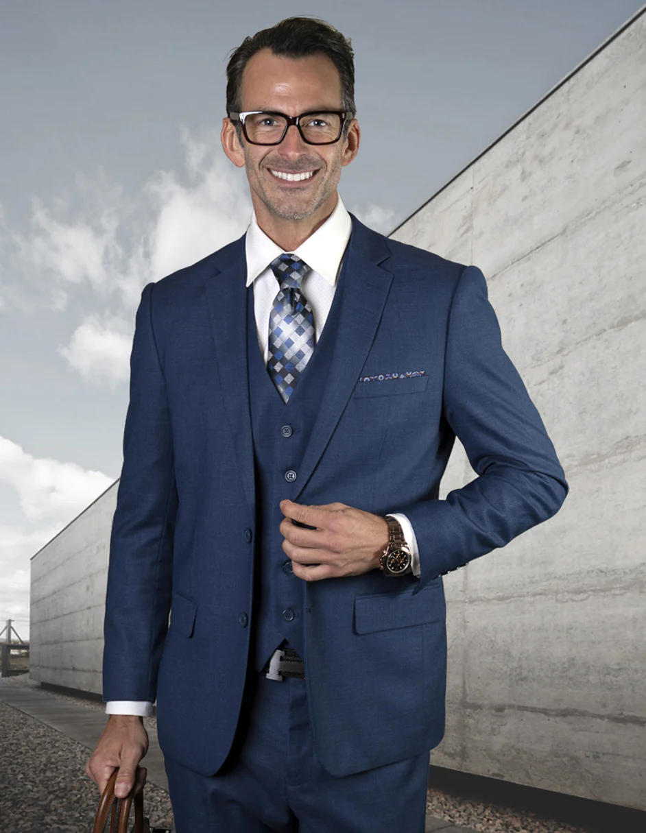 100 Percent Wool Suit - Mens vested Wool Business Sapphire  Blue Suits