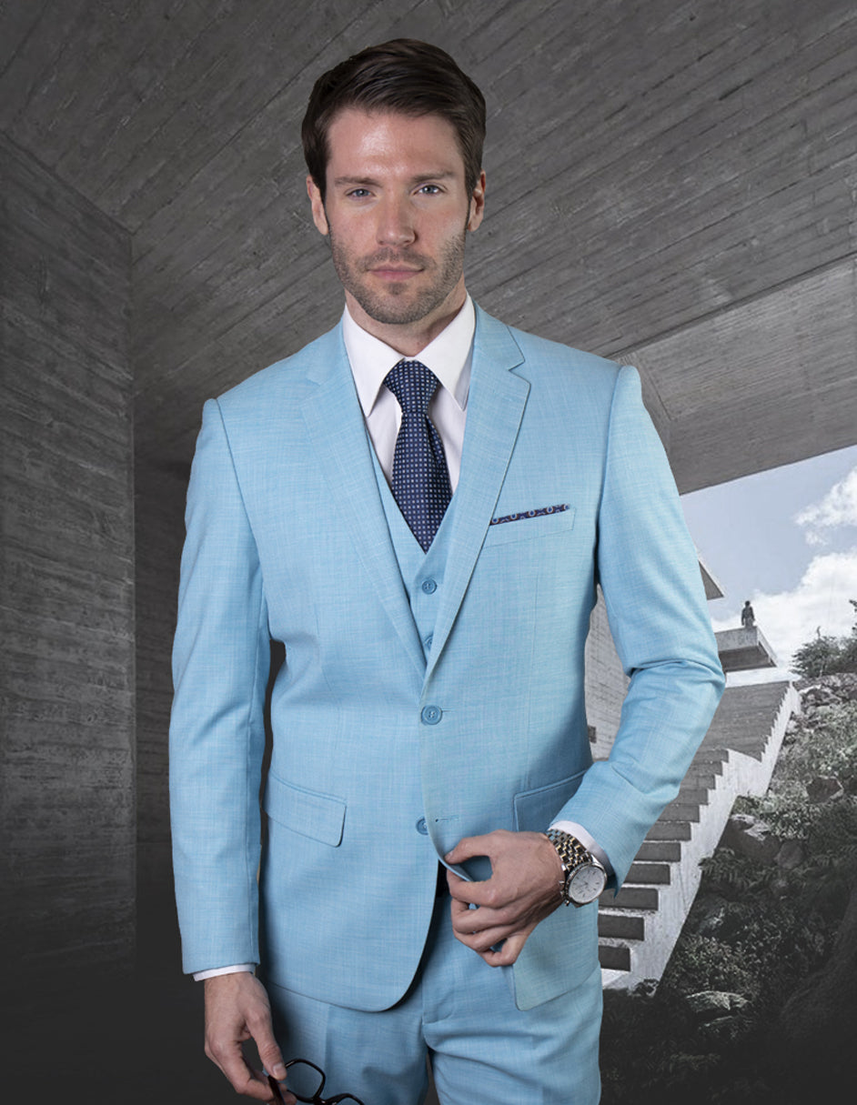 Mens 2 Button Slim Fit Vested Wool Suit in Turquoise - 34 Short