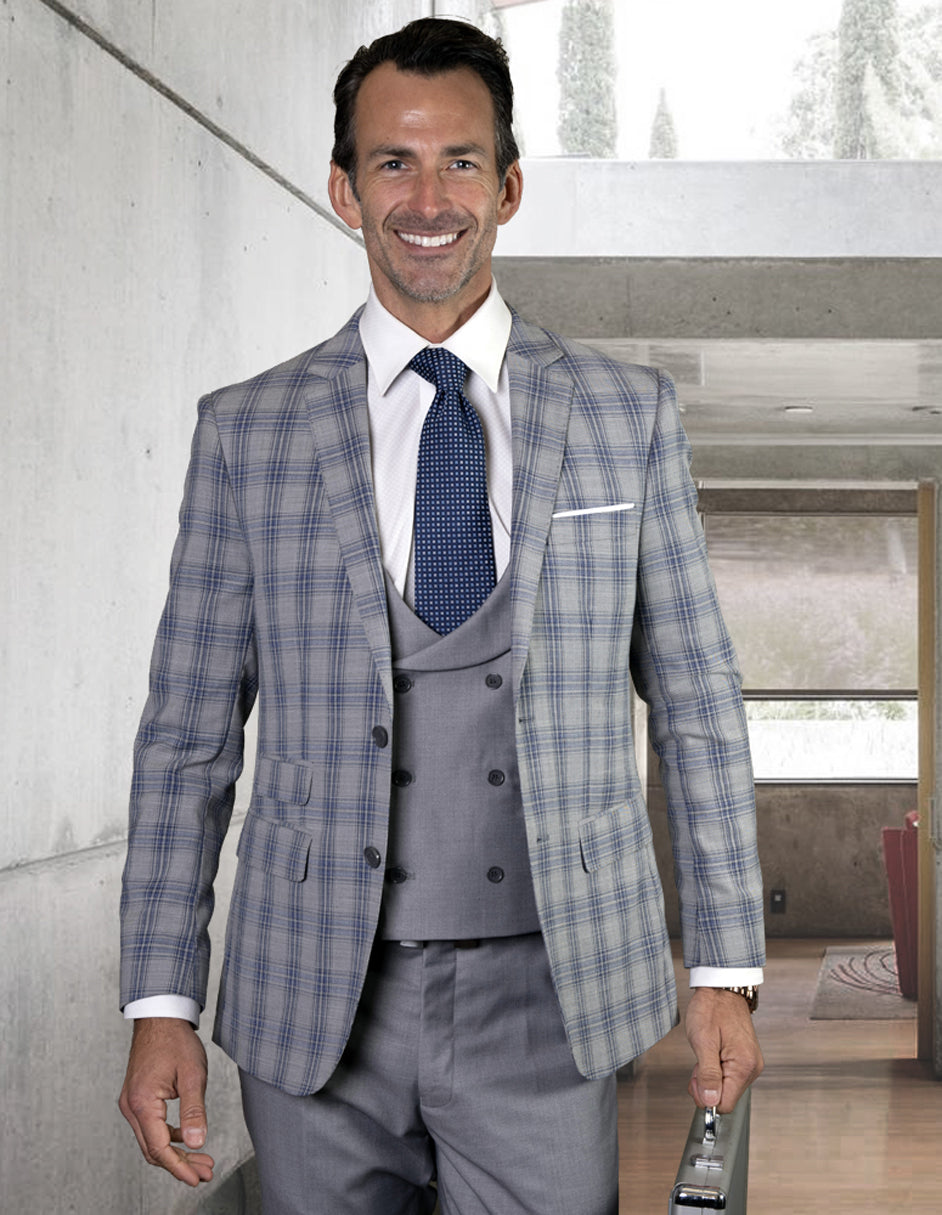 Mens 2 Button Plaid Suit with Low Cut Double Breasted Vest in Grey Plaid - 40 Short