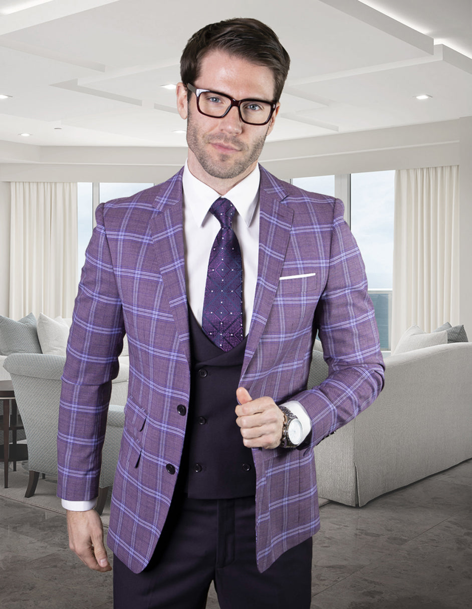 Mens 2 Button Suit with Low Cut Vest in Eggplant | Purple Plaid - 36 Short