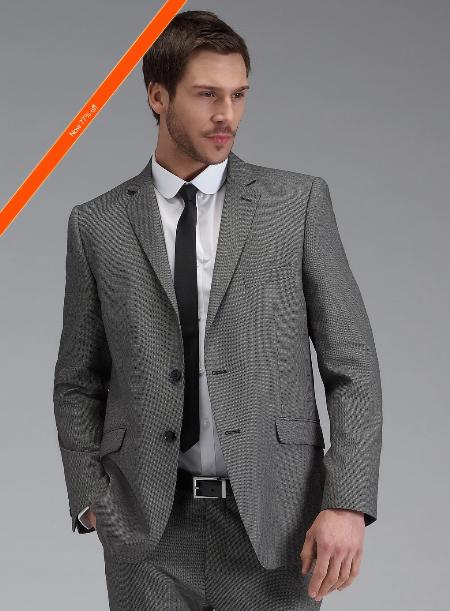 Men's 2 Button Slim Fit Grey Birdseye Cheap Priced Business Suits Clearance Sale - L or Large