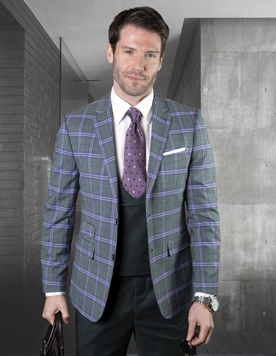 Mens 2 Button Suit with Low Cut Vest in Hunter Green Plaid - 36 Short