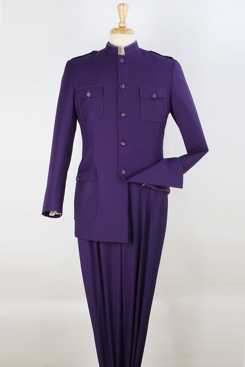 Purple Men's Military-Inspired Safari Suit with Five Buttons & Mandarin Band