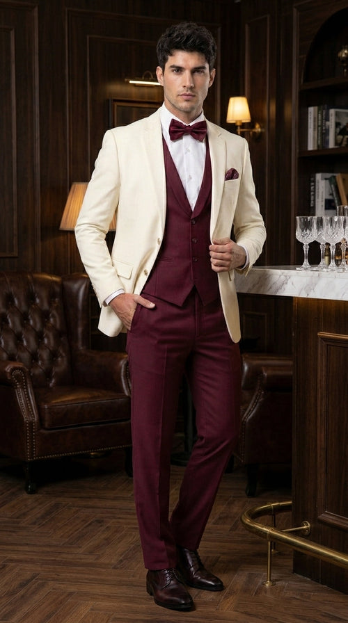 Men’s Cream Ivory and Burgundy 3 Piece Tuxedo Suit, Vested Formal Wedding Prom Dinner Suit in Cream Off White Color
