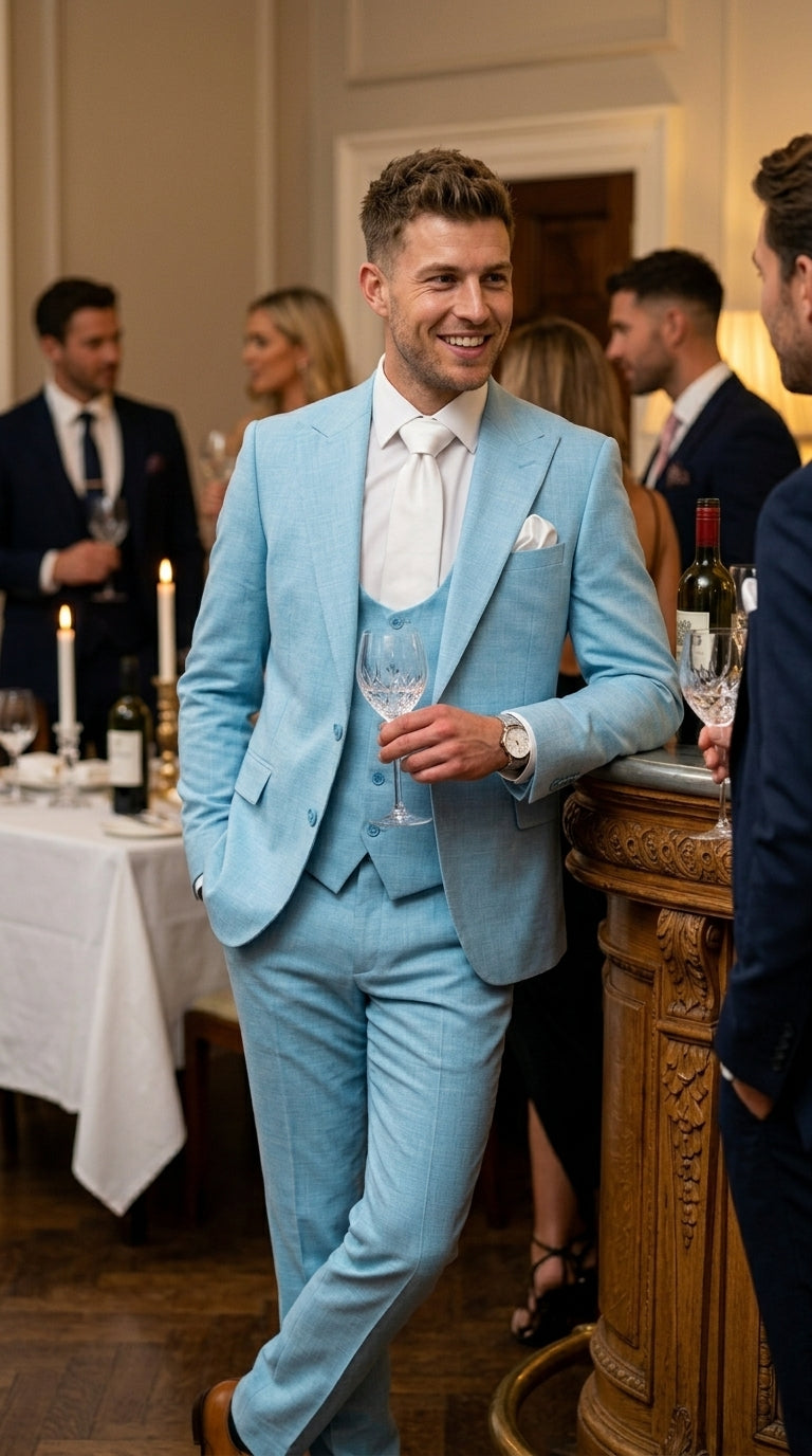 Men’s Turquoise Light blue Suit, Vested Formal Dress Suit for Weddings, Prom, Summer Parties, and Special Occasions in Aqua Blue Color By Rossiman - 34 Short or Extra Small