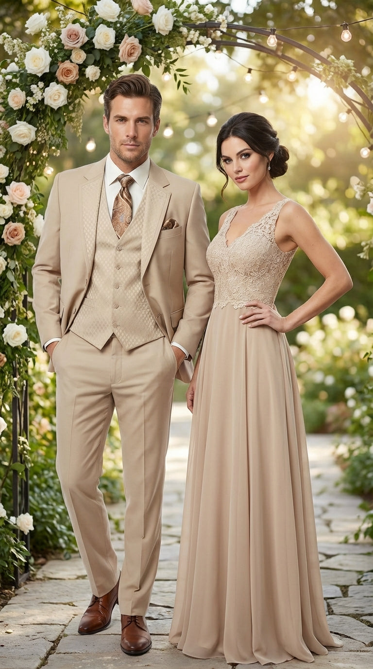 Men’s Tan Beige 3 Piece Tuxedo Suit – Beige Formal Suit Set with Vest, Patterned Lapel and Tie for Wedding, Prom in Tan Khaki Color - 34 Short or Extra Small