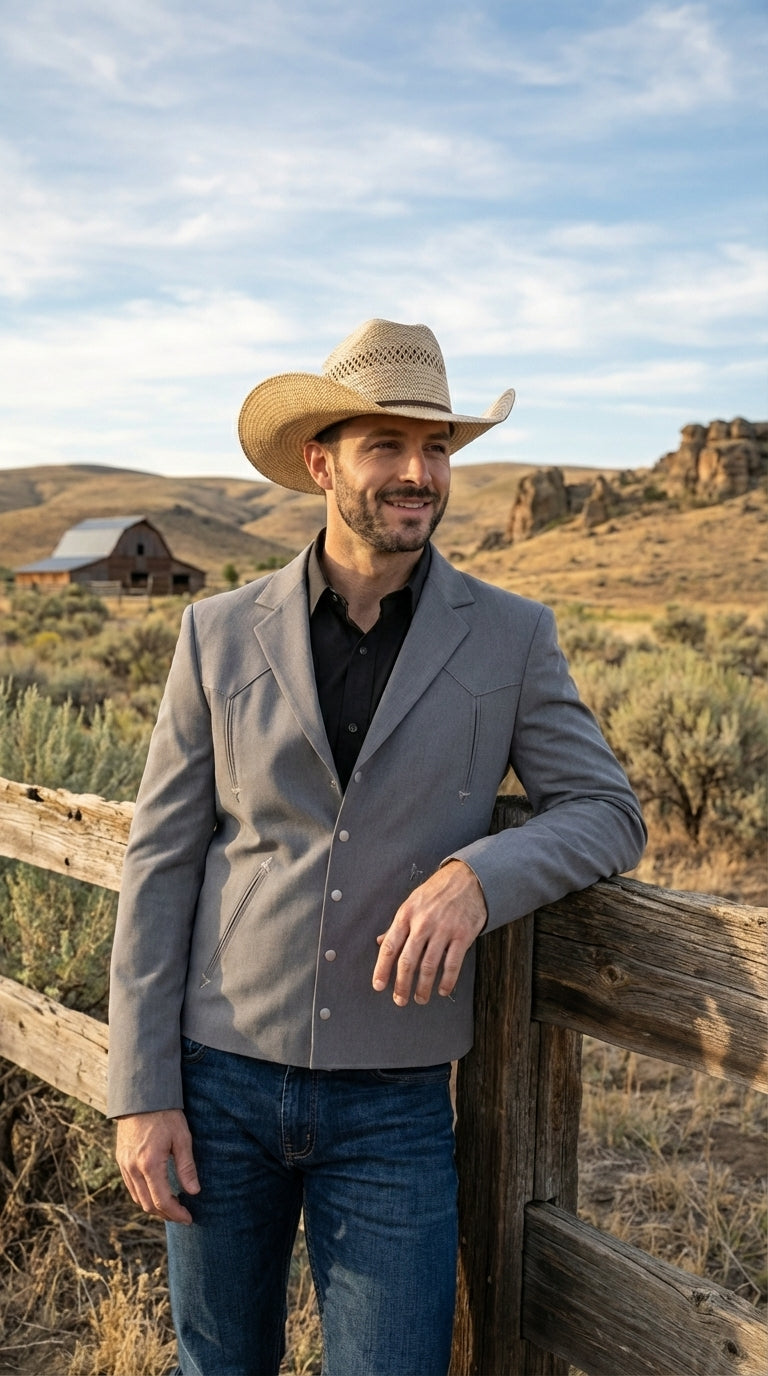 Mens Gray Western Blazer Set – Cowboy Style Jacket and Pants Outfit Classic Country Western Suit - 36 Short