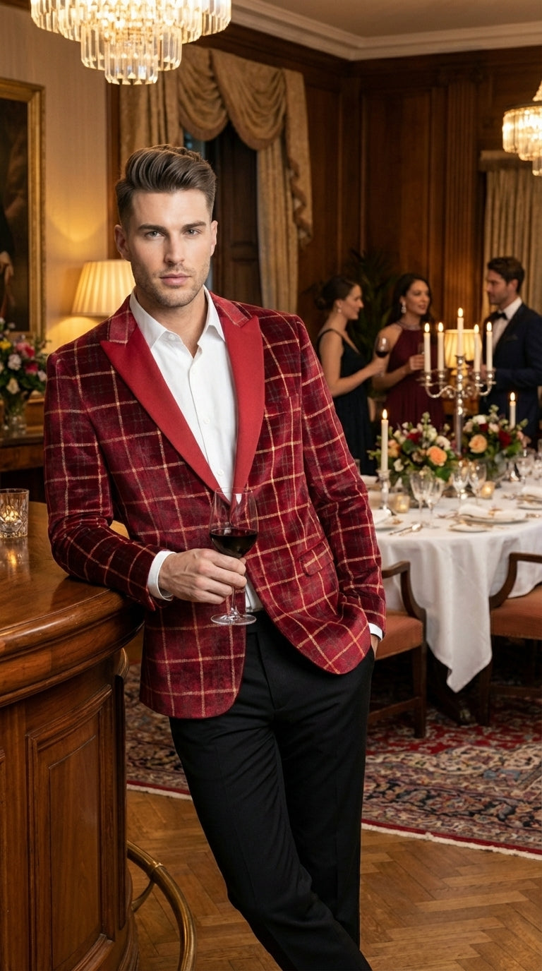 Mens Red Burgundy Plaid Blazer with Contrast Lapel – Velvet Fabric Check Prom Blazer Jacket for Party, Christmas New Year Holiday Jacket - 36 Short