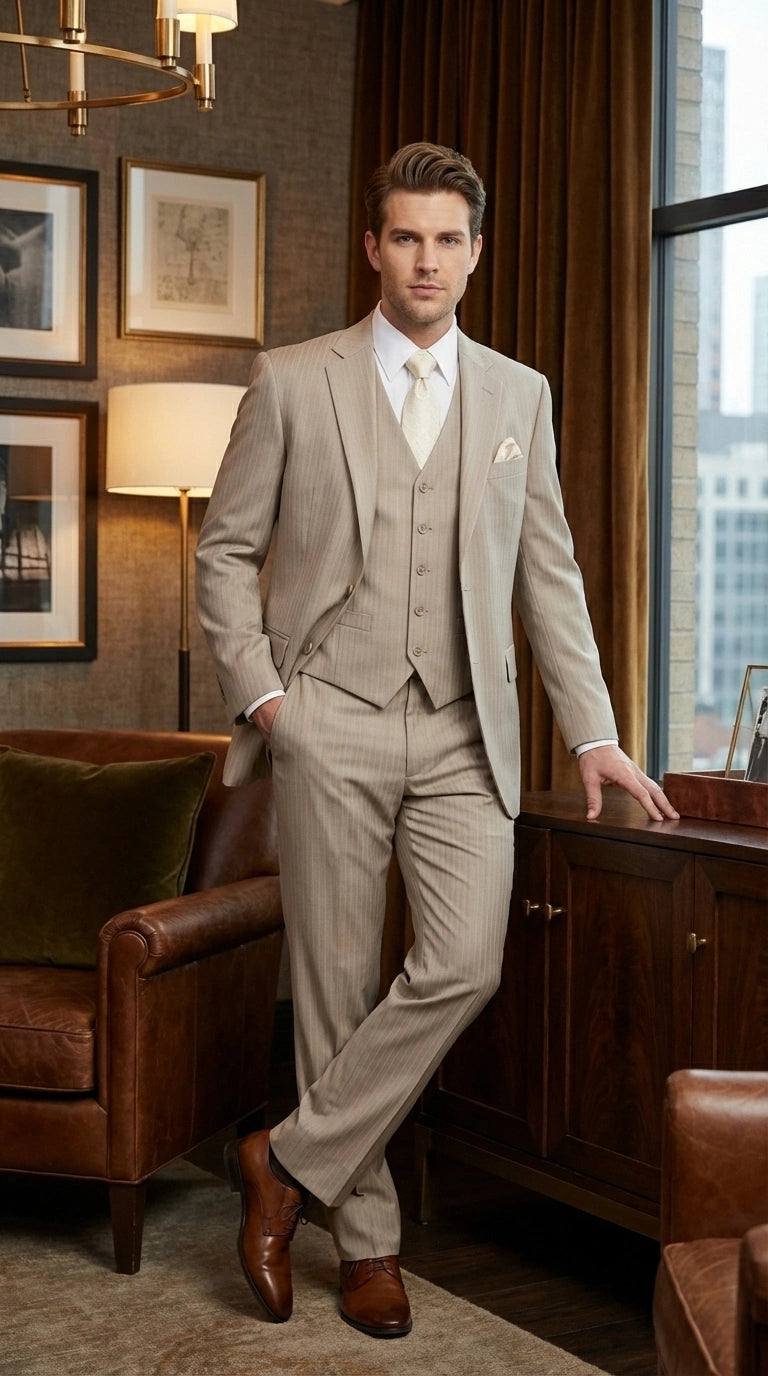 Men’s Tan Pinstripe Three Piece Suit – Classic Fit Pleated Pants  Tan Sand Beige Wedding, Church Shadow Ton on Tone  Business Suit for Men - 34 Short or Extra Small