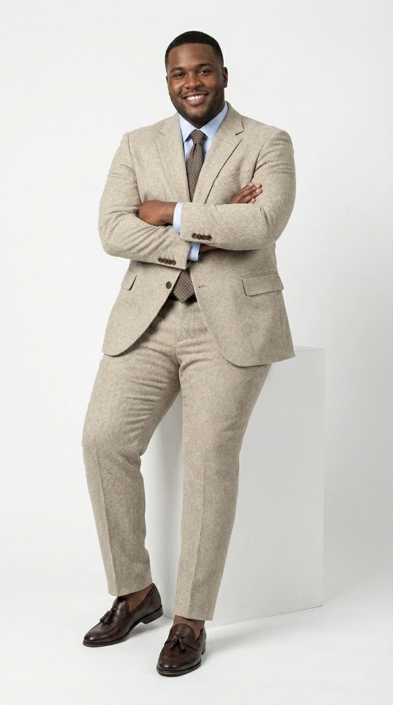 Men’s Light Tan Tweed Suit – Classic Beige Two Piece Suit, Herringbone Formal Wear, Vintage Style Business & Wedding Outfit for Men - 34 Short or Extra Small