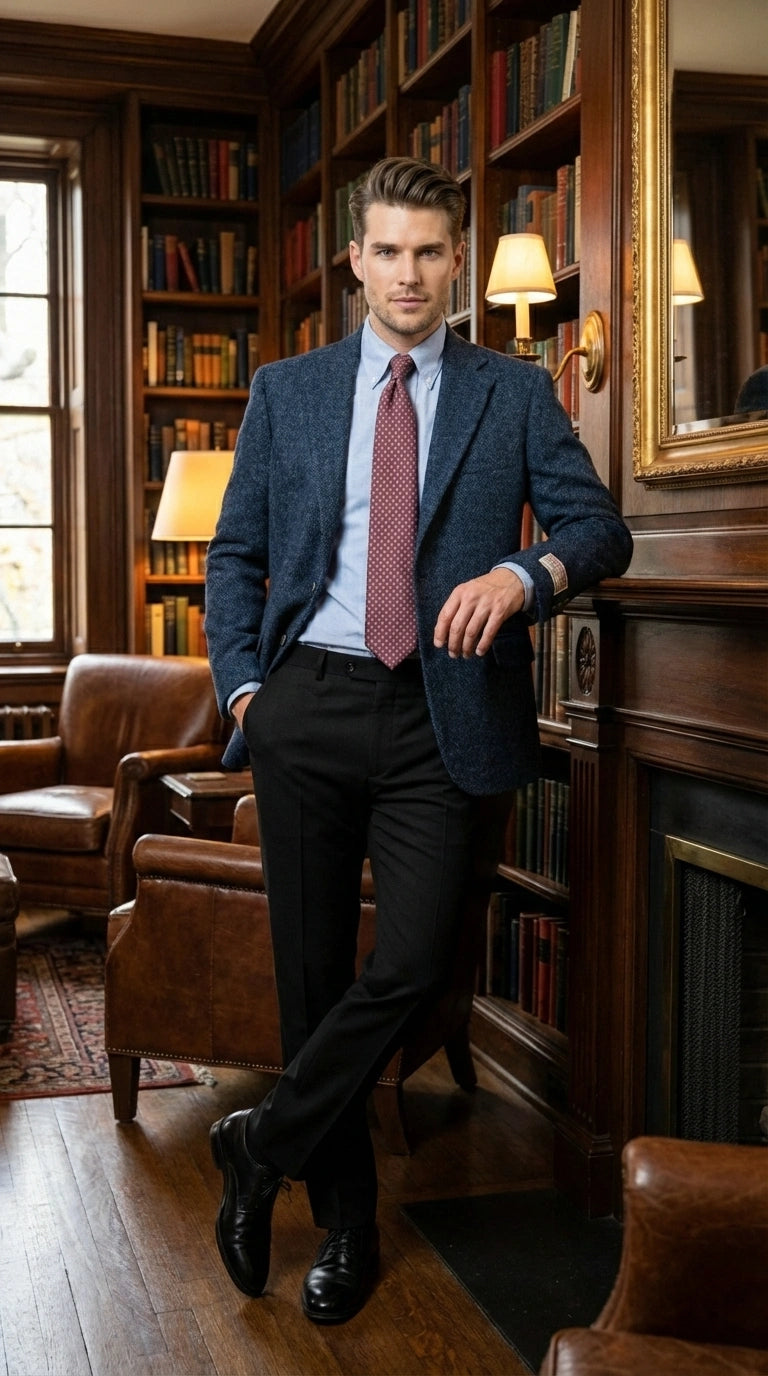 Mens Light Blue Tweed Blazer Sport Coat – Classic Herringbone Jacket Formal Business Casual Smart Outerwear in indigo cobalt blue - 36 Short