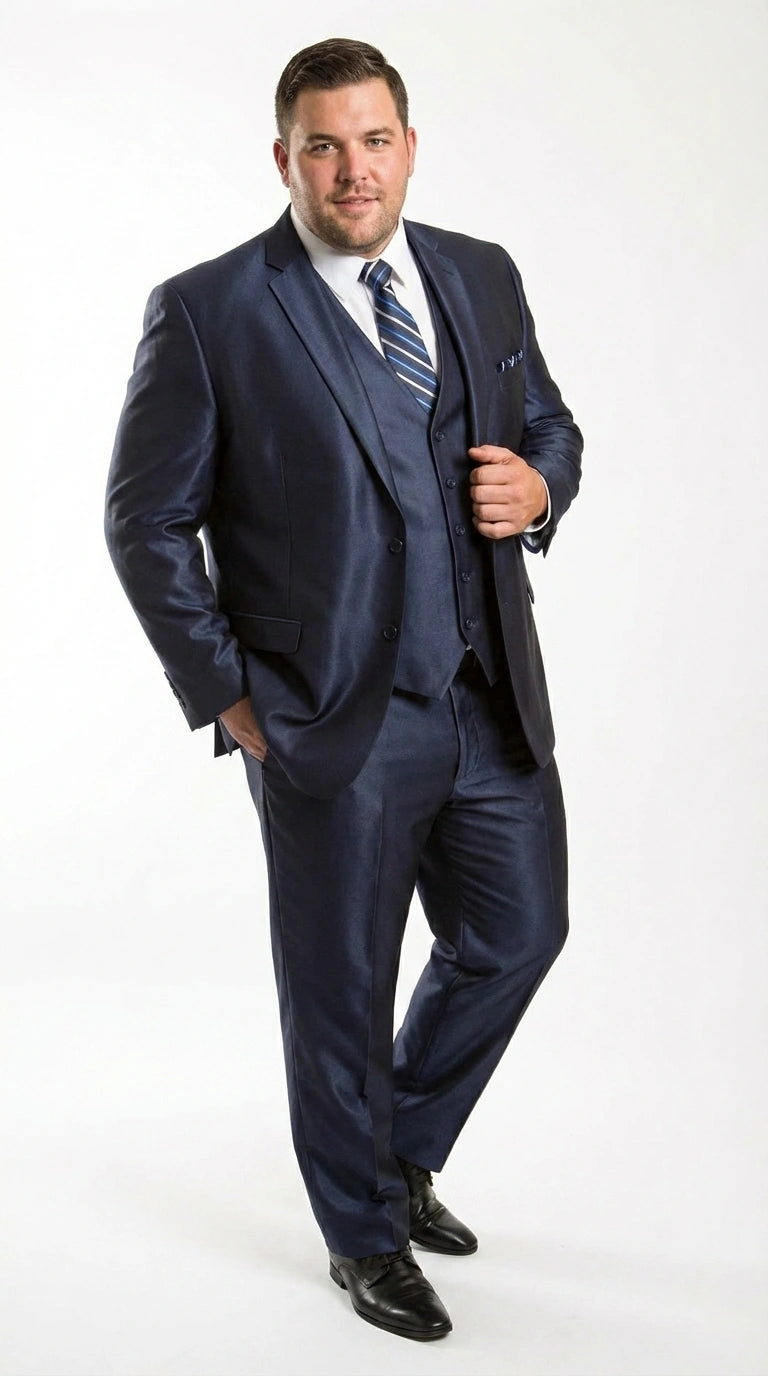 Men’s Navy Blue Sharkskin 3 Piece Suit – Two Button Vested Shiny Formal Suit for Wedding, Prom, Business and Party Wear - 34 Short or Extra Small
