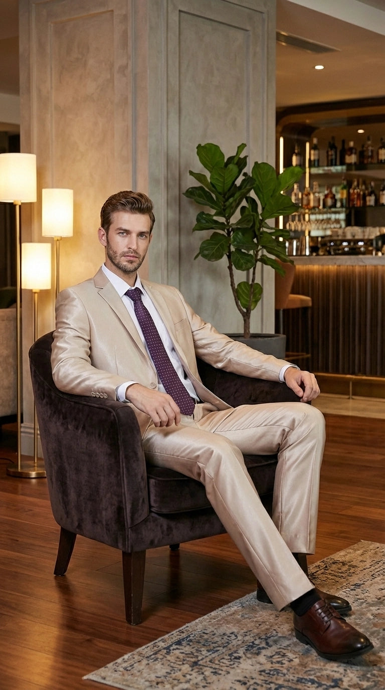 Men’s Champagne Tan Sharkskin 2 Button Suit – Shiny Formal Suit with Optional Vest for Wedding, Prom, Business Beige Color - 34 Short or Extra Small